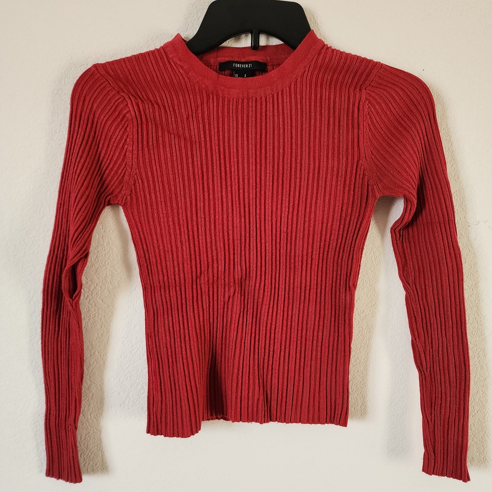 Forever 21 Red Ribbed Junior's Cropped Long Sleeve Top Size: Small
